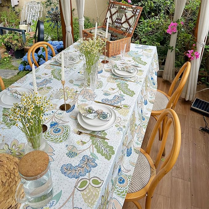 Spring Table Cloth for Rectangle Table, Washable Waterproof Tablecloth, Polyester-Linen Print Table Cover for Dining, Outdoor, Picnic, Farmhouse - 72''x54'' - Green Flowers