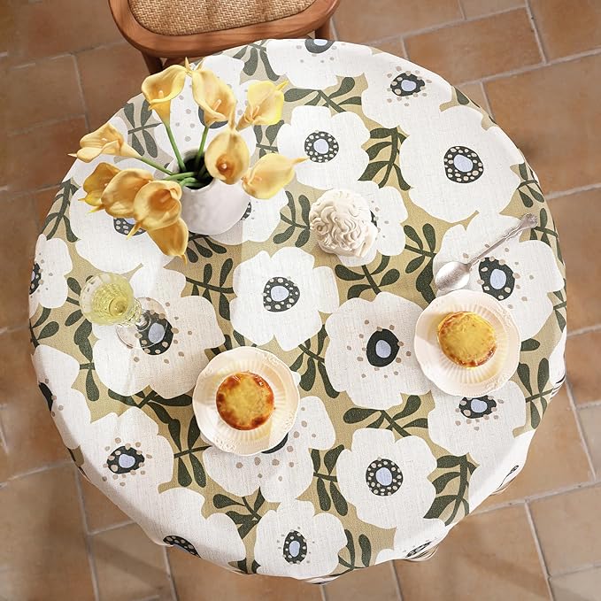 Designer Vintage Small Round Tablecloth,Linen French Tablecloth with White Floral Pattern,Decor Table Cover for Kitchen,Dining,Thanksgiving,Tea Party,Diameter 55"-Hidaka