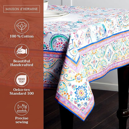Maison d' Hermine Table Cloth Rectangle Table 100% Cotton 60 x 90 Inches Tablecloth Reusable Decorative for Dining Room, Farmhouse, Home, Party, Festive & Wedding Spring Summer - Indian Floral