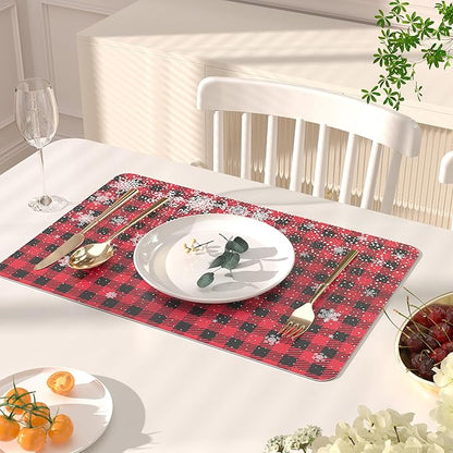 QIYI Christmas Placemats Set of 6, 12x18 Inch Faux Leather Place Mats for Kitchen Dinning, Heat Resistant Non Slip Winter Table Mats, Waterproof Wipeable Placemat Party Décor, Buffalo Plaid Snowflakes