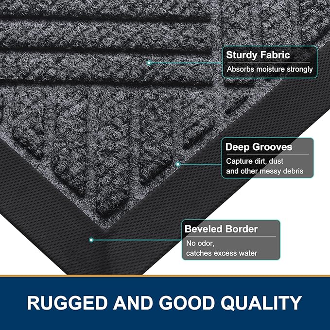 Smiry Front Door Mat Outside Entrance, Heavy Duty Outdoor Indoor Mat, Natural Rubber Doormat, Non Slip, Trap Dirt and Moisture, Easy Clean, Low Profile Patio Porch Entryway Mat, 47x23, Dark Grey