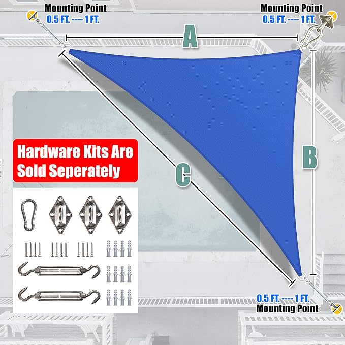 Amgo Custom Size 12' x 24' x 26.8' Blue Right Triangle Sun Shade Sail UPF50+ - Image 6