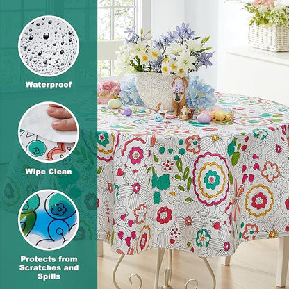 Newbridge Shabby Chic Lily Print 70 Inch Round Vinyl Flannel Backed Tablecloth, Pink Yellow and Green Lily Indoor and Outdoor Waterproof Vinyl Table Cover for Spring Holiday Party
