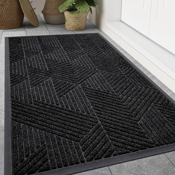 Smiry Front Door Mat Outside Entrance, Heavy Duty Sturdy Natural Rubber Doormat, Trap Dirt and Moisture, Easy Clean Low Profile Mats for Indoor Outdoor Entry, Irregular Triangle (59x35, Black)