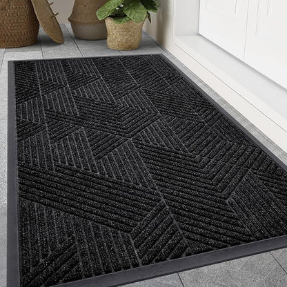 Smiry Front Door Mat Outside Entrance, Heavy Duty Sturdy Natural Rubber Doormat, Trap Dirt and Moisture, Easy Clean Low Profile Mats for Indoor Outdoor Entry, Irregular Triangle (47x32, Black)