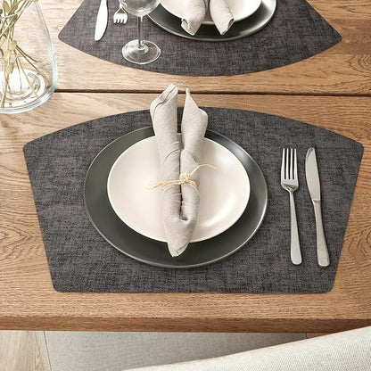 Round Table Placemats Set of 4, Faux Leather Wedge Shape Place Mats Heat Resistant Wipeable Washable Table Mats for Dining Outdoor Indoor, Black