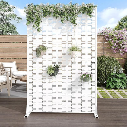 Casaphoria Metal Privacy Screen Outdoor, 72" H x 47" W Freestanding Decorative Privacy Screen for Patio Deck Balcony Garden with Stable Base, Square White