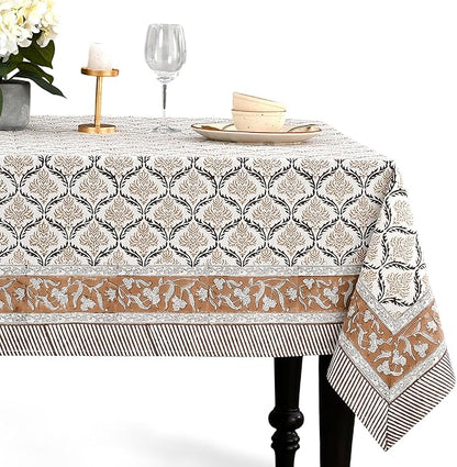 CPC Sandstone Regal Tablecloth 100% Cotton 70x108 Inch Indian Block Print Rectangle Table Cover, Table Cloth for Gifting in Weddings, Halloween, Fall, Christmas, Thanksgiving