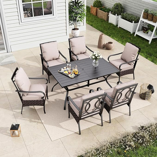 MFSTUDIO 7 Piece Outdoor Dining Sets for 6, Rectangular Metal Patio Table and Chairs, Heavy Duty Outdoor Dining Table for 6 Fixed Chairs with Thick Cushions, All Weather Patio Furniture Set