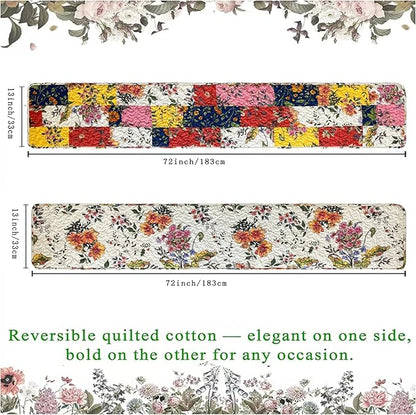 Cotton Quilted Floral Patchwork Table Runner 72 Inches Long – Handmade Farmhouse Table Runner for Dining Room, Coffee Table, or Buffet (Floral, 13*74)