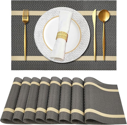 Modern Placemats Set of 8-Durable PVC Table placemats,Vinyl Woven Place Mats for Dining Table Heat Resistant Non-Slip Washable Indoor/Outdoor Table Mats (Brown)