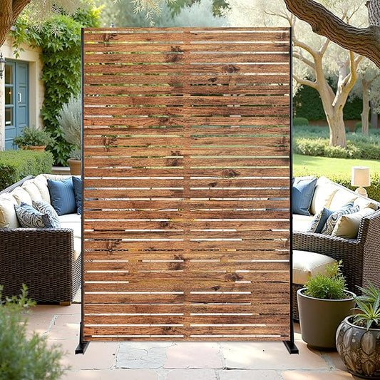 Metal Privacy Screen Outdoor 72" H×47" W Natural Wood Brown Patio Privacy Screen, Freestanding Decorative Privacy Screen for Deck Balcony Patio
