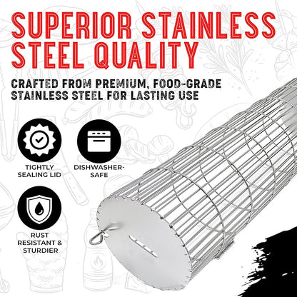 Rolling Grill Basket, New Opening Design, Extra Sturdy Cylinder Grilling Basket, Food Grade Stainless Steel, Large Portable Outdoor Camping accessories BBQ Net Rack, Cooking Griller for Fish, Vegetables, and More - Gifts for Men Dad Husband - Set of 2