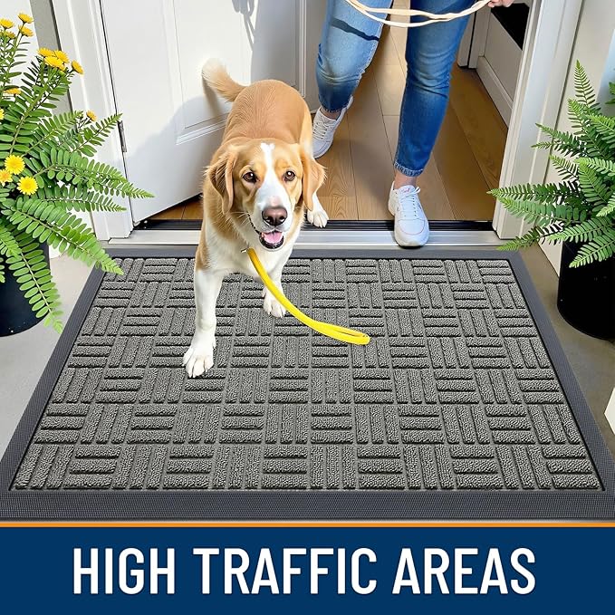 OLANLY Front Door Mat Outside Entrance 59x34, Absorbent, Heavy Duty Sturdy Natural Rubber Doormat Indoor Outdoor, Non-Slip, Stain and Fade Resistant, Low Profile Floor Mat for Entryway, Modern Gray