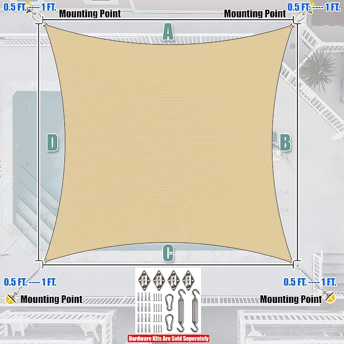 Amgo Custom Size 11' x 18' Beige Rectangle Square Sun Shade Sail UPF50+ - Image 7