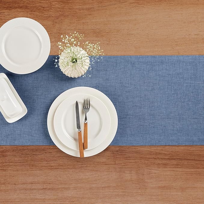 Solino Home Linen Table Runner 120 Inches Long - Athena, 100% Pure Linen Blue Denim Dining Table Runner 14 x 120 Inch for Winter, Spring, Easter