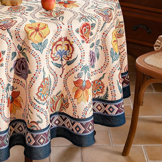 Vintage French Round Tablecloth,Linen Extra Long Tablecloth with Rose and Cornflower Pattern,Decorative Table Cover for Kitchen,Dining,Thanksgiving,Party,Diameter 67"-Lanae