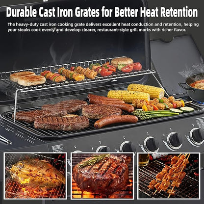 Propane Gas BBQ Grill with 6-Burner and Side Burner 59000 BTU Stainless Steel Barbecue Grill with Porcelain-Enameled Cast Iron Grates,Side Shelves and Wheels Portable Outdoor Grill for Pation,Backyard
