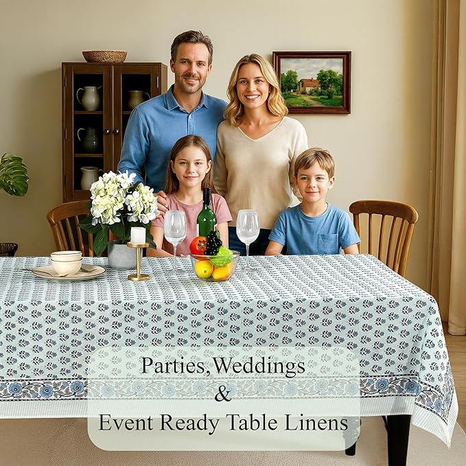 CPC Tablecloth 100% Cotton 70x118 Inch Indian Block Print Rectangle Table Cover, Washable Table Cloth for Weddings, Spring/Summer, Barbeque - Poppy Blue