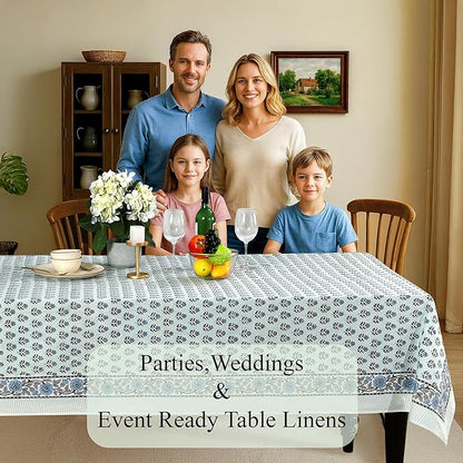 CPC Tablecloth 100% Cotton 60x60 Inch Indian Block Print Rectangle Table Cover, Washable Table Cloth for Weddings, Spring/Summer, Barbeque - Poppy Blue