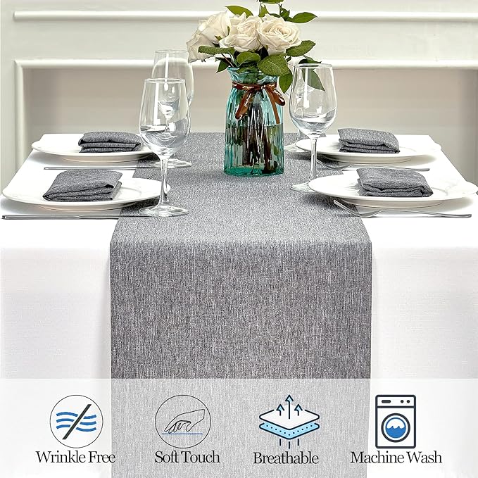 Mebakuk Linen Farmhouse Table Runner Large Burlap Style Soft and Waterproof Decorative Fabric Runner for Outdoor Wedding and Dinner (14 x 60 Inch, Dark Grey)