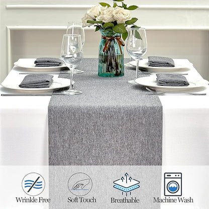 Mebakuk Linen Farmhouse Table Runner Large Burlap Style Soft and Waterproof Decorative Fabric Runner for Outdoor Wedding and Dinner (14 x 36 Inch, Dark Grey)