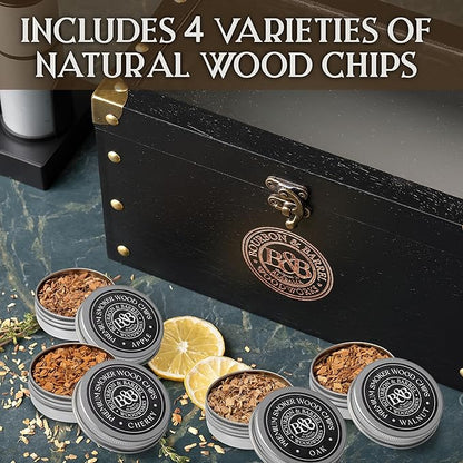BOURBON&BARREL Cocktail Smoker Kit | Crafted with Walnut Wood | Whiskey Smoker Kit with Instant Smoker, Smoking Box, Food Tray and 4 Varieties of Wood Chips | Old Fashioned Drink Smoker Kit [Black]
