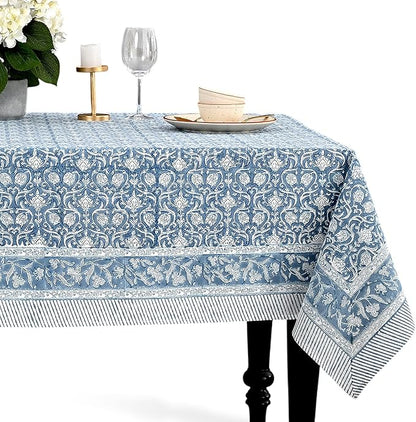 CPC Azure Regal Tablecloth 100% Cotton 70x118 Inch Indian Block Print Rectangle Table Cover, Table Cloth for Gifting in Weddings, Halloween, Fall, Christmas, Thanksgiving