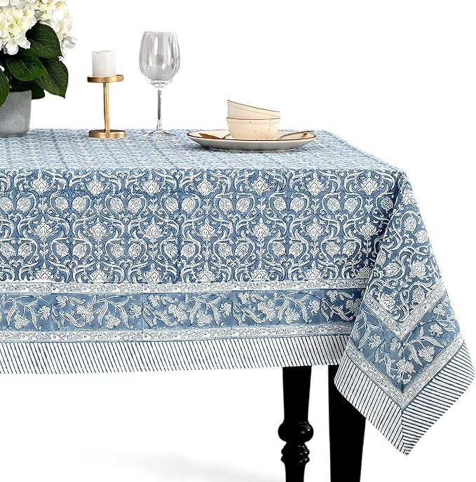 CPC Azure Regal Tablecloth 100% Cotton 80x120 Inch Indian Block Print Rectangle Table Cover, Table Cloth for Gifting in Weddings, Halloween, Fall, Christmas, Thanksgiving