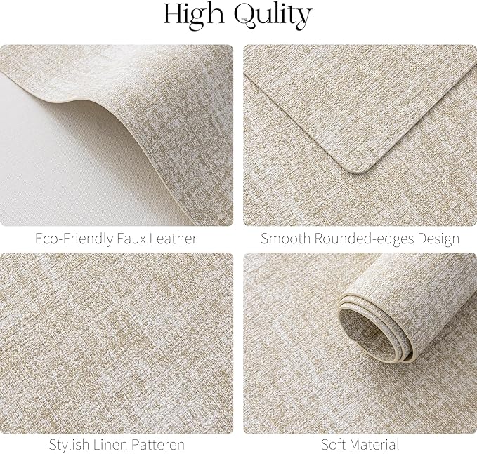 MOSAYT Placemats Set of 4, Heat Resistant Vinyl Place Mats with Coasters, 100% Waterproof Wipeable & Washable Faux Leather Table Mats for Kitchen Dining Party Indoor Outdoor, 12" x 17", Beige