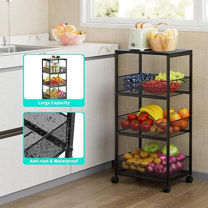 HapiRm Fruit Basket Kitchen Cart - 4-Tier Rolling Storage Cart with Wheels, Fruit Vegetable Basket with Wood Top, Pantry Utility Kitchen Organizer for Fruit Potato Onion Vegetable Bread Snack