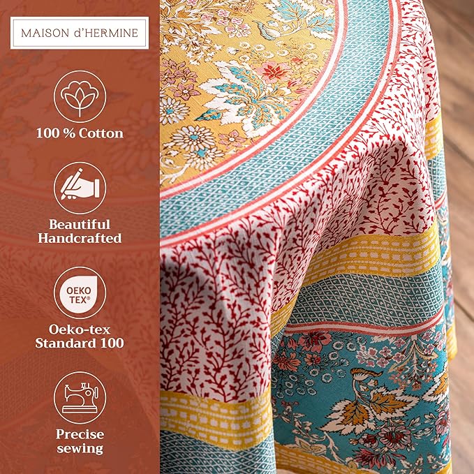 Maison d' Hermine Table Cloth Round Table 100% Cotton 69 Inches Tablecloth Reusable Decorative Everyday Use for Dining Room, Farmhouse, Home, Party, Festive & Wedding Spring Summer - Marquise