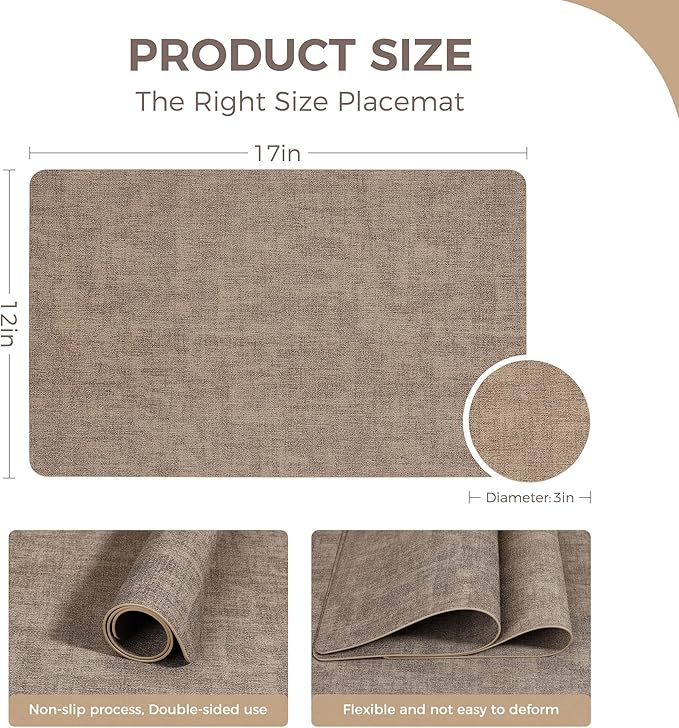 Vinyl Placemats Set of 12, Faux Leather Waterproof and Heat Resistant Place Mats, Washable Anti-Slip Table Mats with Coaster, Wipeable Placemats for Indoor & Outdoor 17" x 12" (Light Coffee Set of 12)