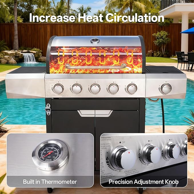 Endark 5-Burner 58,500 BTU Stainless Steel Propane Gas Grill | Outdoor BBQ Grill with Side Burner & Porcelain Grates | Wheeled for Patio, Garden, Backyard