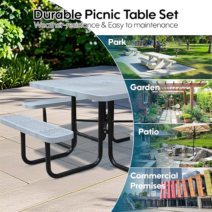 46" Square Picnic Table W/Benches,Heavy Duty Metal Picnic Table Set with 2in Umbrella Hole, 1600 lb Capacity,Commercial Dining Table Furniture for Yard Patio Lawn Party Coffee Shop