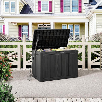 NUNU LAB Outdoor Storage Box, 45 Gallon Outside Deck Box Waterproof, Resin Outdoor Storage Cabinet With Lockable Lid, Backyard Storage Bench For Garden Tools, Patio Cushions, Pool Tools, Black