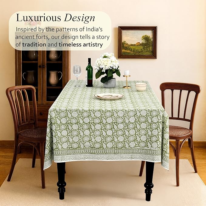 CPC Olive Bloom Tablecloth 100% Cotton 70x118 Inch Indian Block Print Rectangle Table Cover, Table Cloth for Gifting in Weddings, Halloween, Fall, Christmas, Thanksgiving