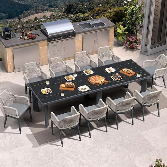 PURPLE LEAF 11 Pieces Patio Dining Set Aluminum Modern Rectangular Table and Rattan Arm Chairs with Cushions for Kitchen Porch Garden Outdoor Furniture Sets, Dark Grey