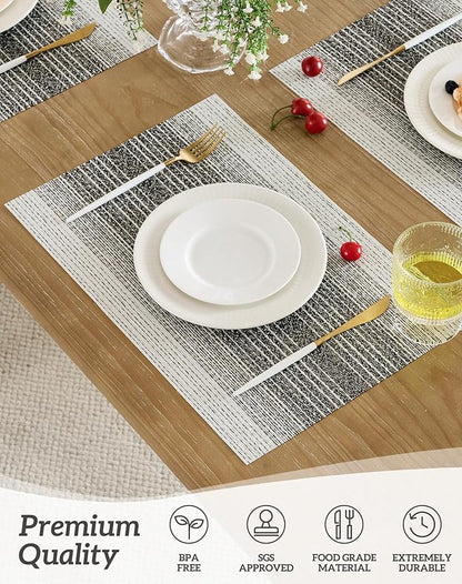 Leetaltree Black with White Woven Placemats Set of 8 - Heat Resistant Non-Slip Place mats for Dining Table, Washable Durable PVC Vinyl Woven Table Mats(Black with White, 8)