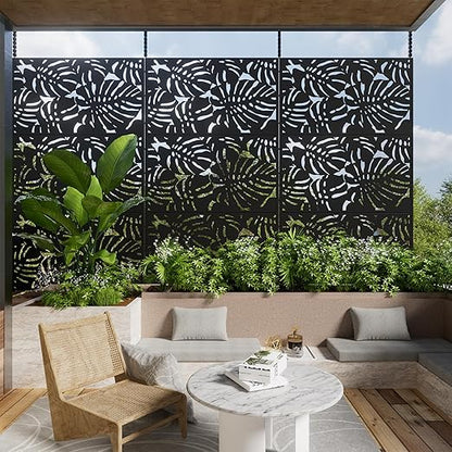 Casaphoria 72" H x 47" W Metal Outdoor Privacy Screen, Freestanding Decorative Divider for Patio, Deck, Balcony, and Garden with Stable Base, Black-Summer