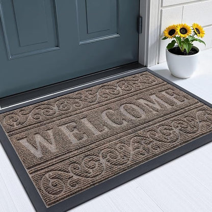 OLANLY Welcome Door Mat Indoor Outdoor Entrance, Heavy Duty Sturdy Front Door Mat, Waterproof All-Weather Doormat, Stain Resistant, Low Profile, Easy Clean Patio Entryway Mat, 29.5 x 17, Medium Brown
