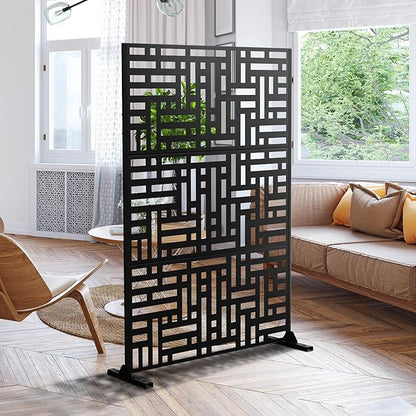 Metal Privacy Screen 72" H47 W,Freestanding Decorative Outdoor Panel for Balcony Patio Lawn Garden,Fence-Black & Street