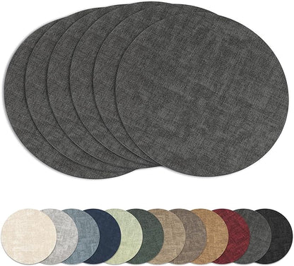 13"Round Placemats Set of 6, Reversible Faux Leather Heat Resistant Table Mats, 100% Waterproof Oilproof Wipeable Table Protective Placemats for Vinyl, Washable for Indoor & Outdoor Use (6, Deep Gray)