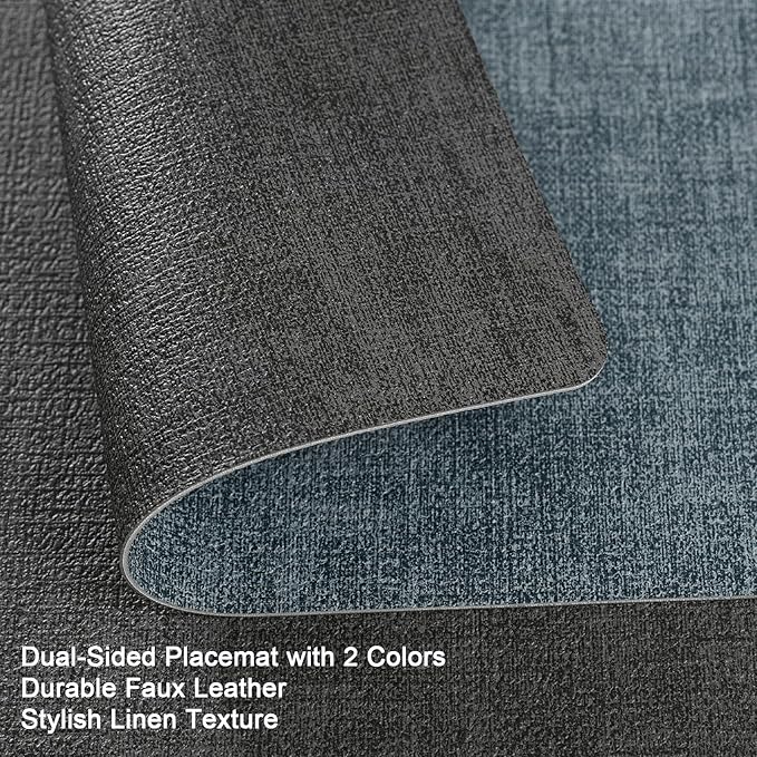 Myir JUN Dual Sided Faux Leather Placemats Set of 4 - Indoor/Outdoor Square Non-Slip Washable Table Mats (Gray Light Blue, Set of 4)