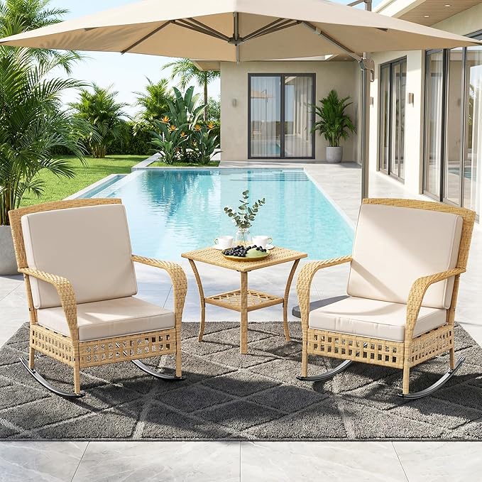 DECMICO Outdoor Rocking Chair Set, 3-Piece Wicker Patio Furniture | Elegant by DECMICO