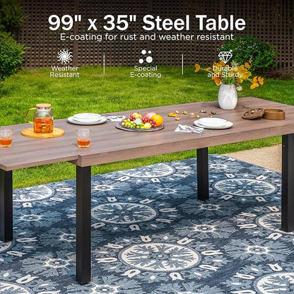 PHI VILLA Outdoor Metal Expandable Dining Table, Wood-Like Wrought Iron Extendable Table for 6-8 Person, Heavy-Duty Large Rectangular Table Furniture for Patio, Deck, Backyard, Porch