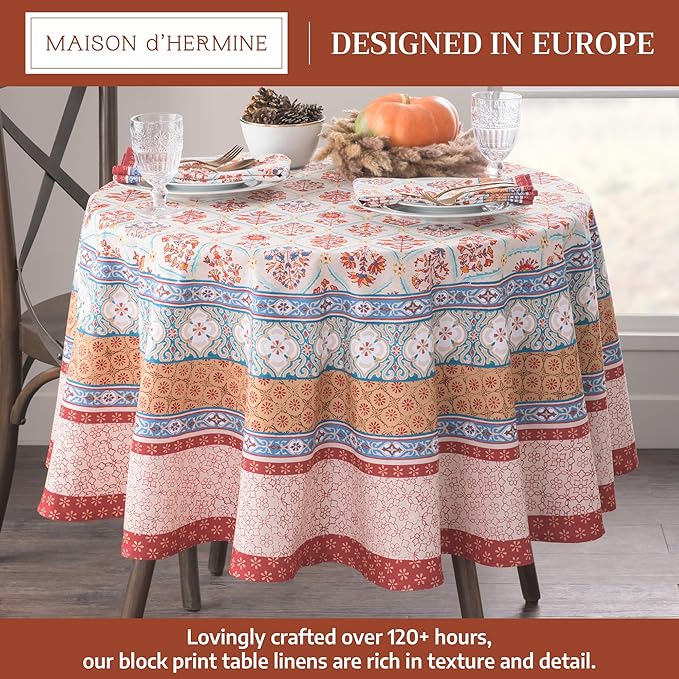 Maison d' Hermine Table Cloth Round Table 100% Cotton 69 Inches Fall Tablecloth Reusable Everyday Use for Thanksgiving Christmas Decorations Dining Farmhouse Party (Romane)