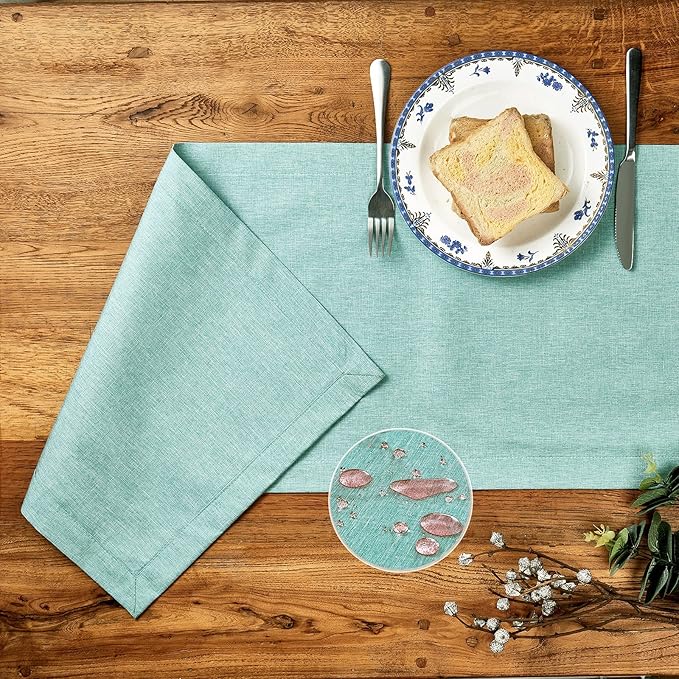 Mebakuk Linen Farmhouse Table Runner Large Burlap Style Soft and Waterproof Decorative Fabric Runner for Outdoor Wedding and Dinner (14 x 108 Inch,Turquoise Blue )