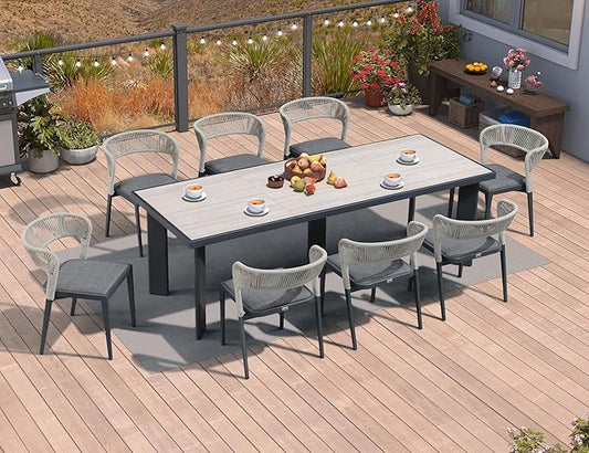 PURPLE LEAF 9 Pieces Outdoor Dining Set Patio Table and Chairs Set Aluminum Wicker Rattan Patio Furniture Set for Lawn Garden Porch Beige Marble Color Outdoor Set
