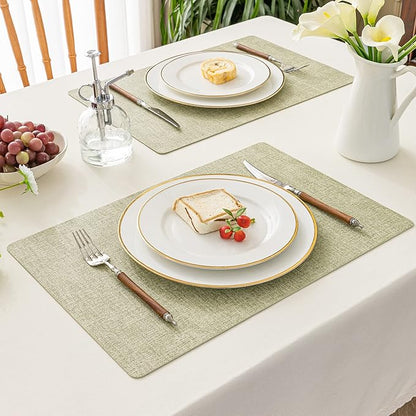 Romanstile Vinyl Placemats Set of 4-12 X 17 Inch - Heat Resistant Place Mats 100% Waterproof Oilproof Wipeable Reversible Faux Leather Table Mats for Kitchen, Dining, Party, Outdoor, Grass Green